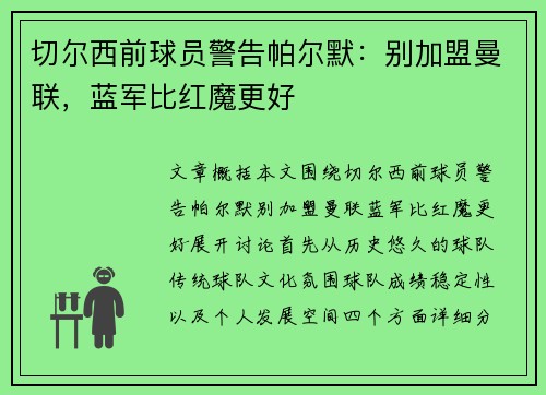 切尔西前球员警告帕尔默：别加盟曼联，蓝军比红魔更好